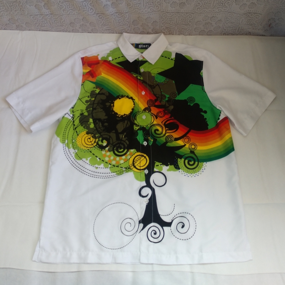 Bluez Rainbow Funky Bright Eclectic Street Wear Short Sleeve Button Down Shirt